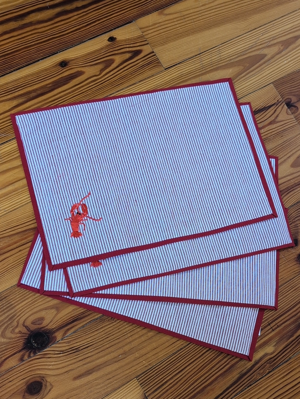 Red Pinstripe Cotton Placemat Set with Red Border & Embroidered Lobster Set of 4